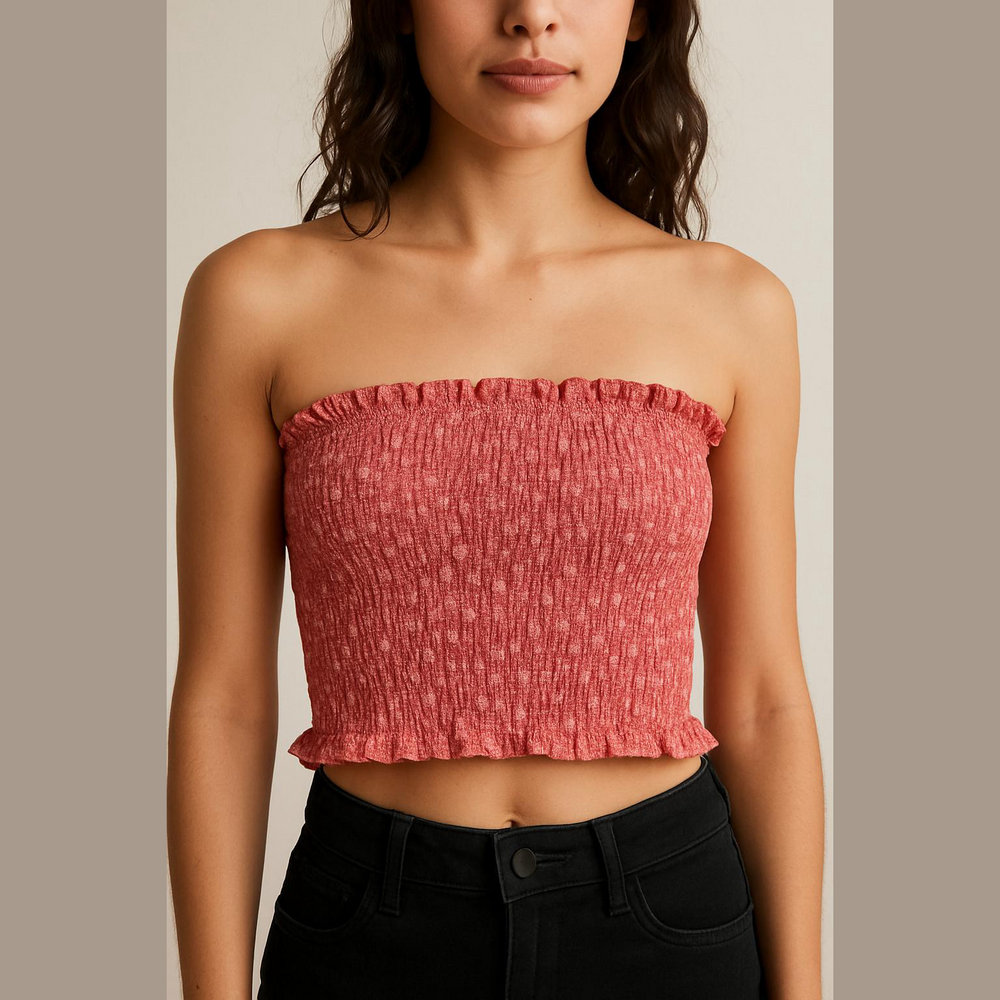 Le Rumi Smocked Tube Top Crop Gingham Pink Red- Size Small